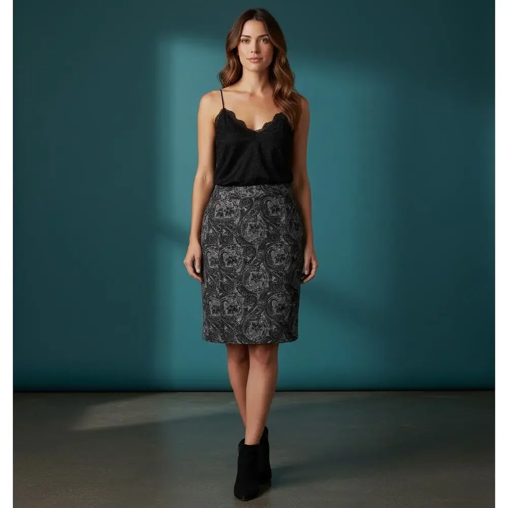 Talbots Wool Blend Floral Wrap Mini Skirt 12P Black Gray Jacquard - Picture 1 of 13